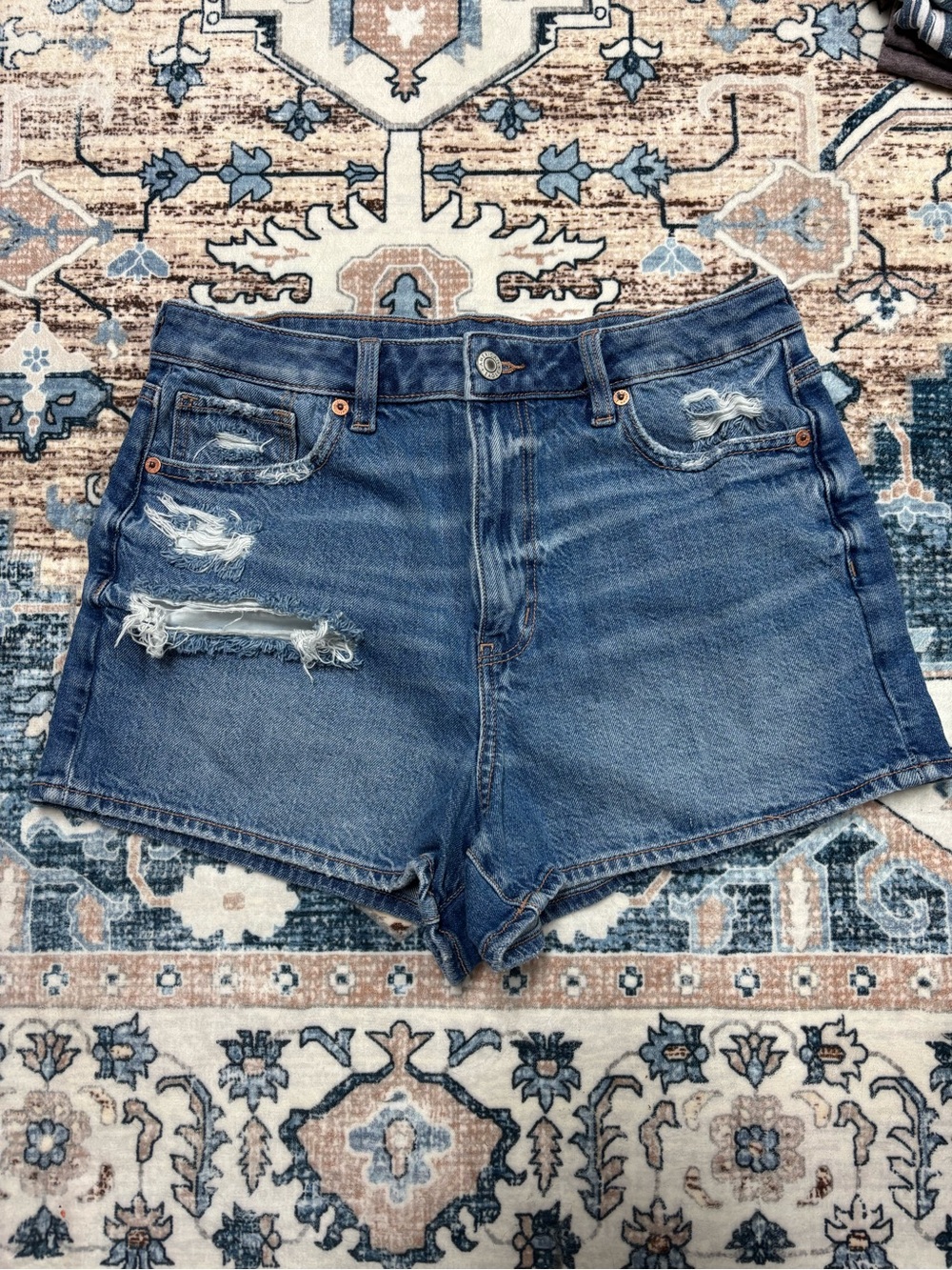 American Eagle Outfitters Distressed High-Rise Denim Shorts - Blue